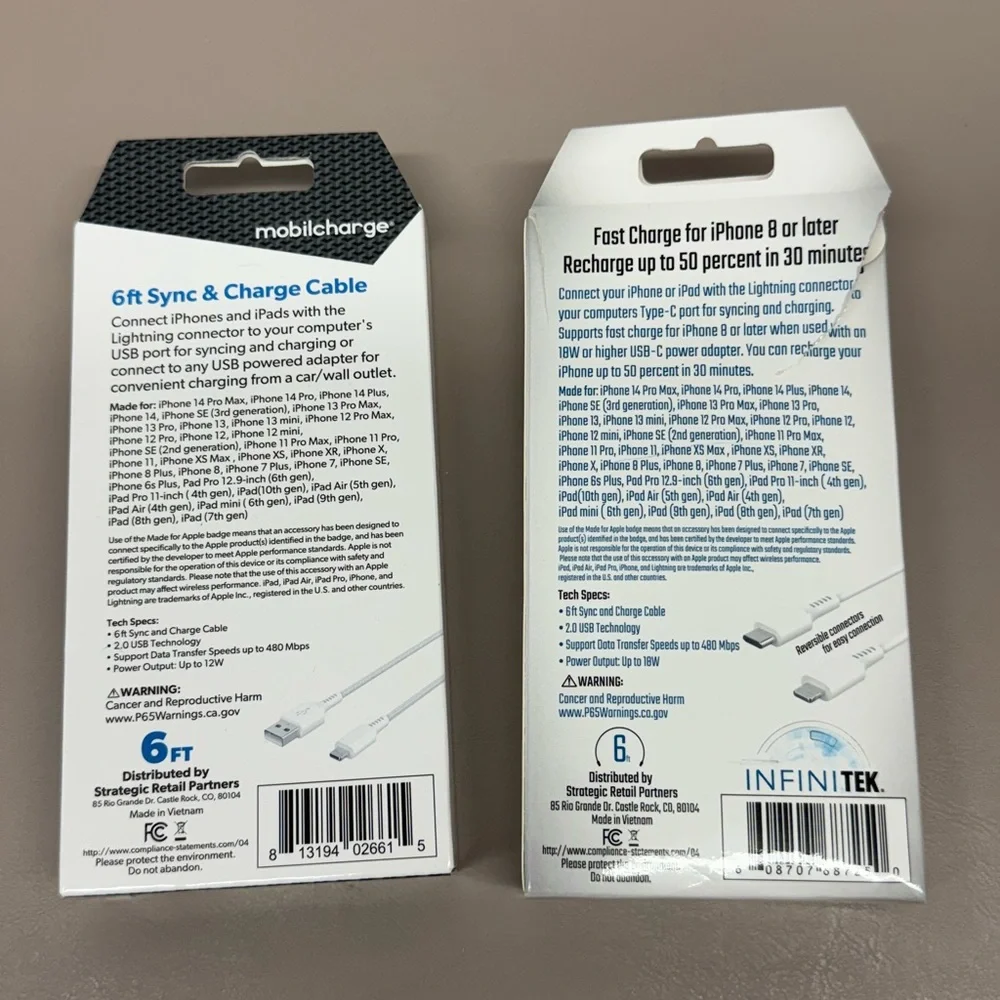 Two Lightning to USB Cables 6ft